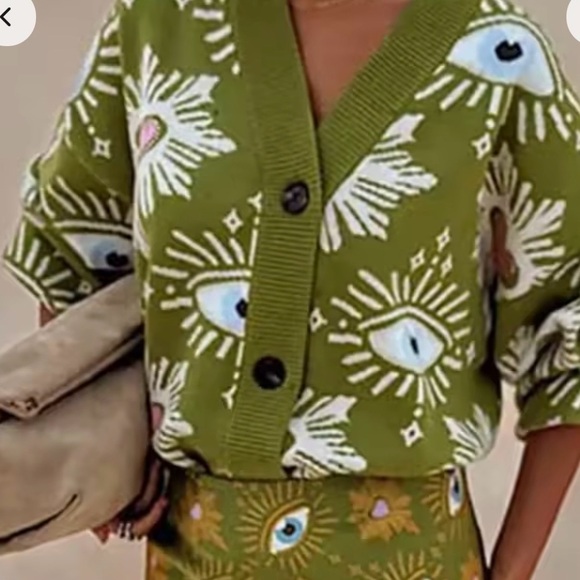 Green Eye Patterned Women's Sweater cardigan , brand new no tag - Picture 4 of 7